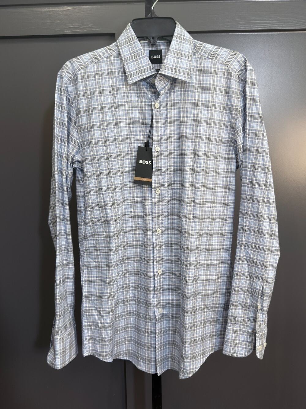 Hugo Boss Slim Fit Plaid Dress Shirt Blue Gray Long Sleeve 15 S MSRP $168 NWT